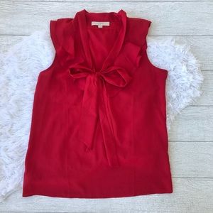 LOFT Red Ruffle and Bow Sleeveless Blouse